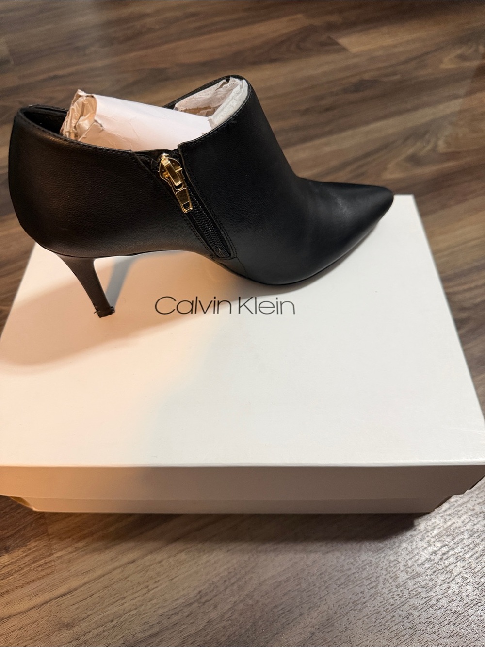 Calvin Klein Black Leather Pointed Ankle Heeled Boot